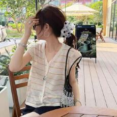 批发韩系新款优雅风V领条纹针织开衫荷叶边无袖女夏百搭显瘦休闲上衣