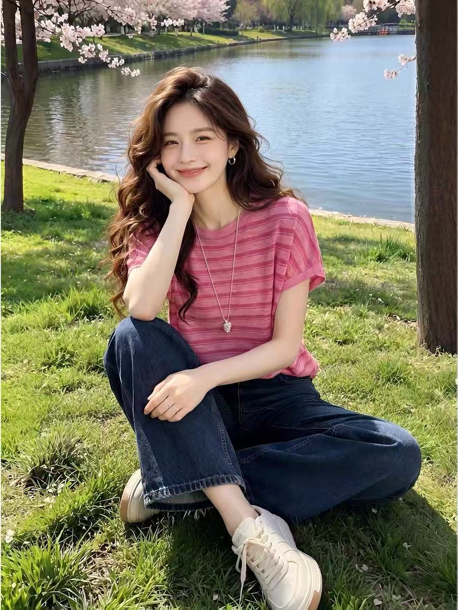 한 부서 빛 럭셔리 딸기 분말 스트라이프 대나무 마디 마 니트 반팔 티셔츠 달콤함 레이스 Feifei 소매 맨위 캐주얼 여성