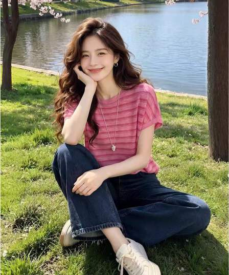 한 부서 빛 럭셔리 딸기 분말 스트라이프 대나무 마디 마 니트 반팔 티셔츠 달콤함 레이스 Feifei 소매 맨위 캐주얼 여성