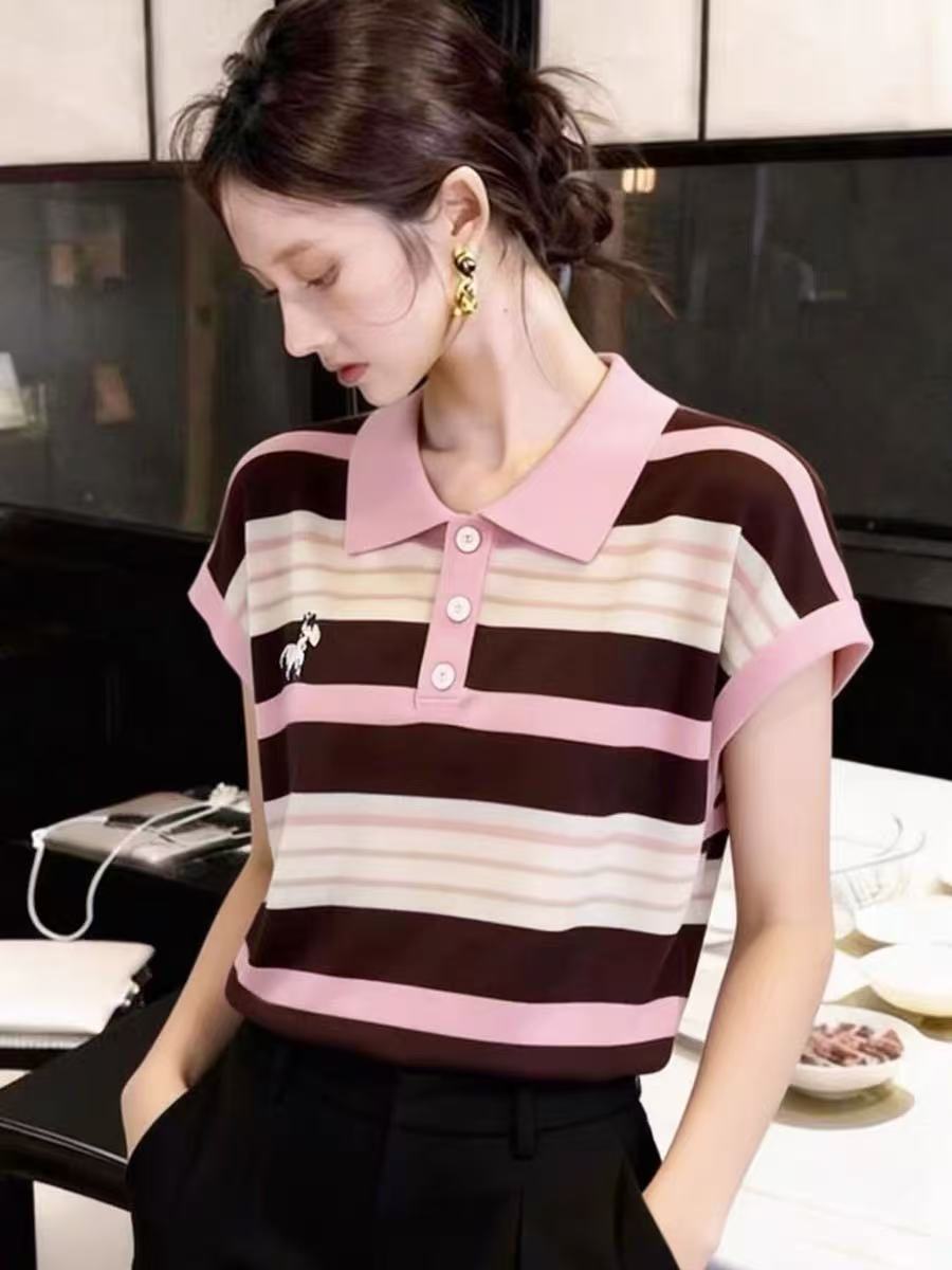 한 부서 chic 배색 스트라이프 POLO 칼라 자수 반팔 니트 티셔츠 여성 여름 새로운 연령 감소 다용도 맨위