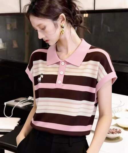 한 부서 chic 배색 스트라이프 POLO 칼라 자수 반팔 니트 티셔츠 여성 여름 새로운 연령 감소 다용도 맨위
