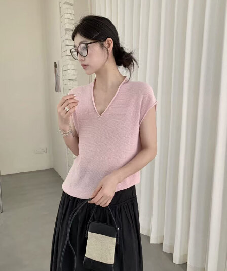 한 부서 여름 새로운 V넥 가져 오기 그리고 종이 실 니트 반팔 여성 편안함 다용도 통기성 우아함 바람 맨위