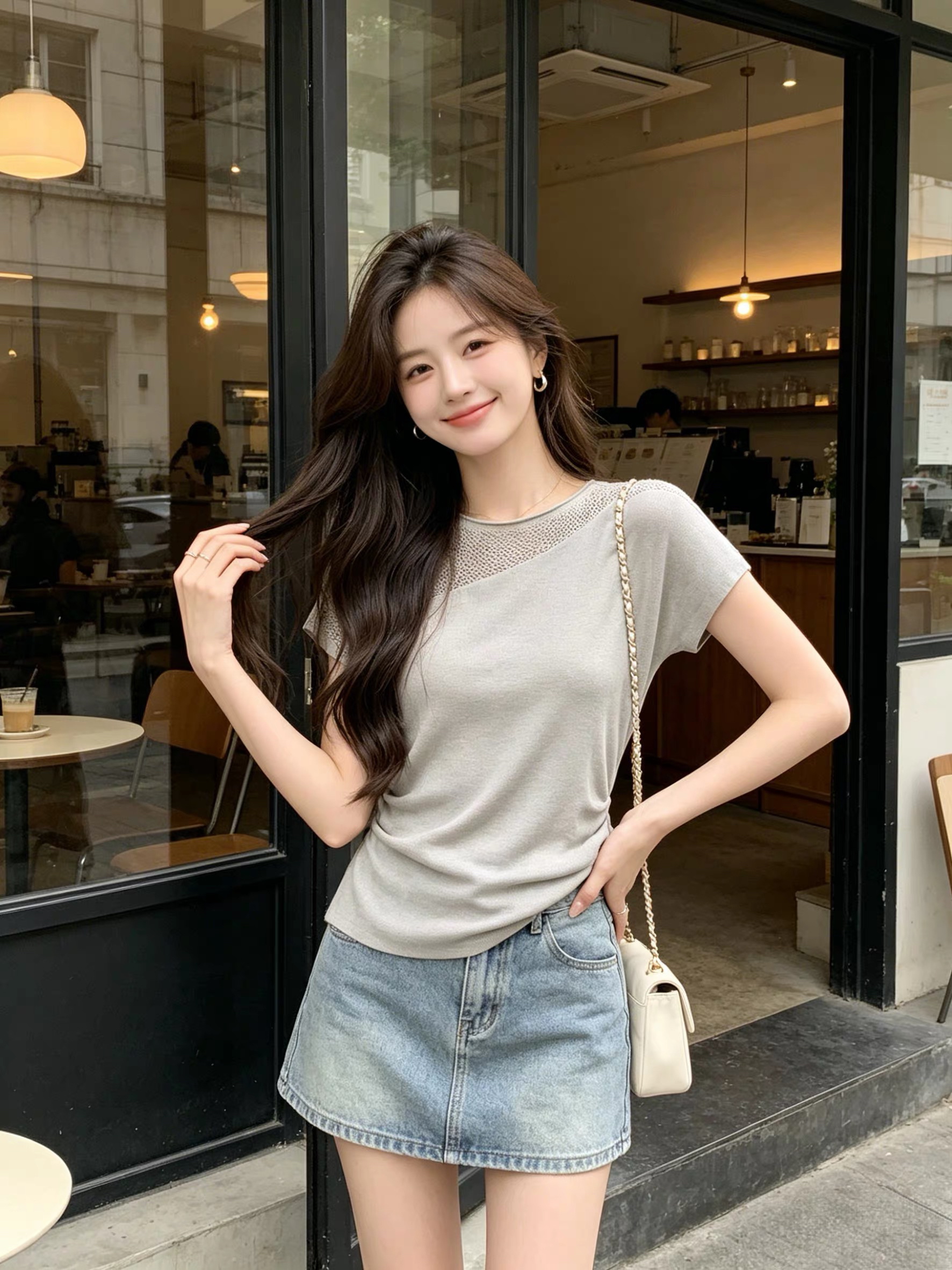한 부서 연령 감소 다용도 주름 허리 수축 슬림해 보이는 패치워크 홀로우 아웃 티셔츠 반팔 페이크 레이어드 맨위 여름