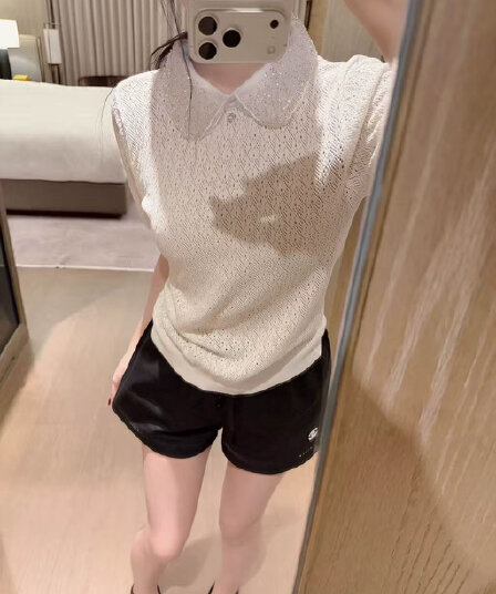 프랑스식 샤오시엔 천 금빛 바람 비즈 박기 베이비 칼라 얼음 실크 니트 스웨터 반팔 여성 여름 품격 홀로우 아웃 통기성 맨위