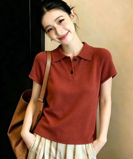 레트로 빨간색 POLO 칼라 반 개방 버클 반팔 티셔츠 여성 2026 새로운 여름 루즈핏 슬림해 보이는 캐주얼 얇은 맨위