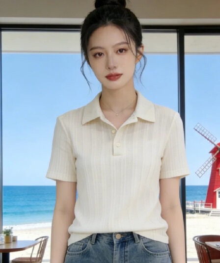 한 부서 부드러운 바람 POLO 칼라 니트 반팔 티셔츠 여성 여름 디자인 센스 세로 줄무늬 몸매 가꾸기 슬림해 보이는 짧은 맨위