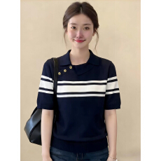 批发韩系短袖<b class='q'>针织衫</b>女装2026新款夏季气质设计感条纹撞色巨好看的上衣