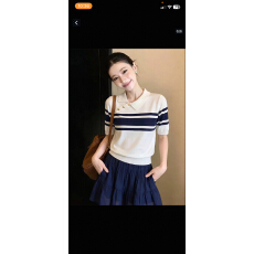 批发韩系条纹翻领短袖针织T恤女2026夏季大码胖mm设计感宽松显瘦上衣