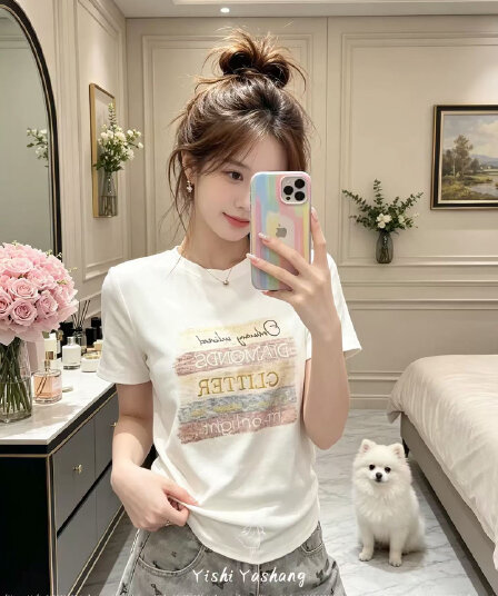 연 달콤한 여름 긍정적 인 어깨 반팔 티셔츠 여성 패션 몸매 가꾸기 다용도 알파벳 슬림해 보이는 맨위