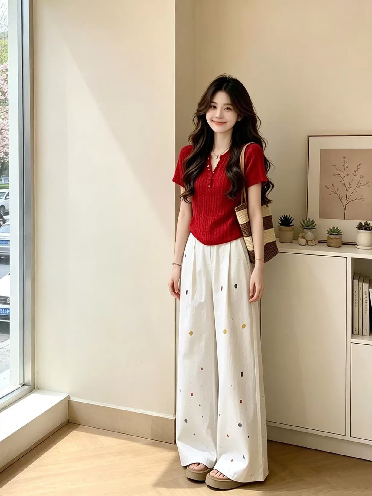 레트로 항구 바람 착용 가져 가라. 빨간색 구덩이 기사 V넥 니트 반팔 맨위
