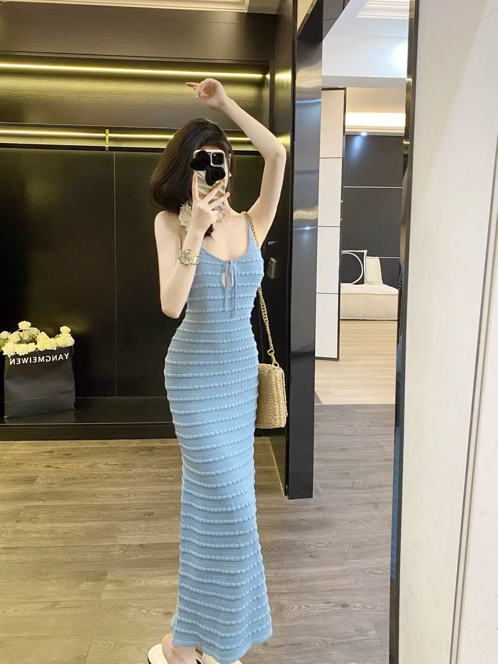 질감 센스 u 칼라 홀로우 아웃 레이스업 몸매 가꾸기 슬림해 보이는 여성 드레스 여름 순수한 욕망 허리 수축 타이트 스커트 슬립 길다 치마