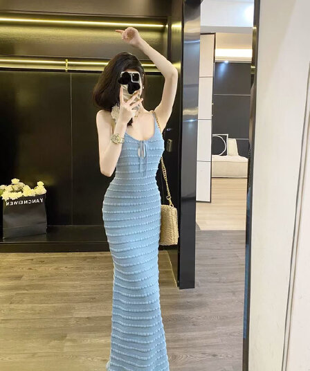 질감 센스 u 칼라 홀로우 아웃 레이스업 몸매 가꾸기 슬림해 보이는 여성 드레스 여름 순수한 욕망 허리 수축 타이트 스커트 슬립 길다 치마