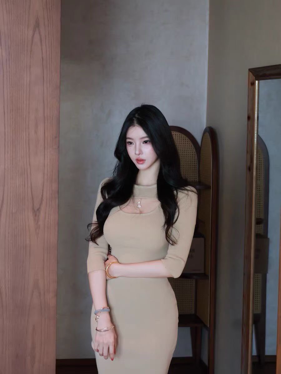 라운드 넥 높음 폭탄 니트 홀로우 아웃 롱 스커트 여성 여름 허리 수축 ol 드레스