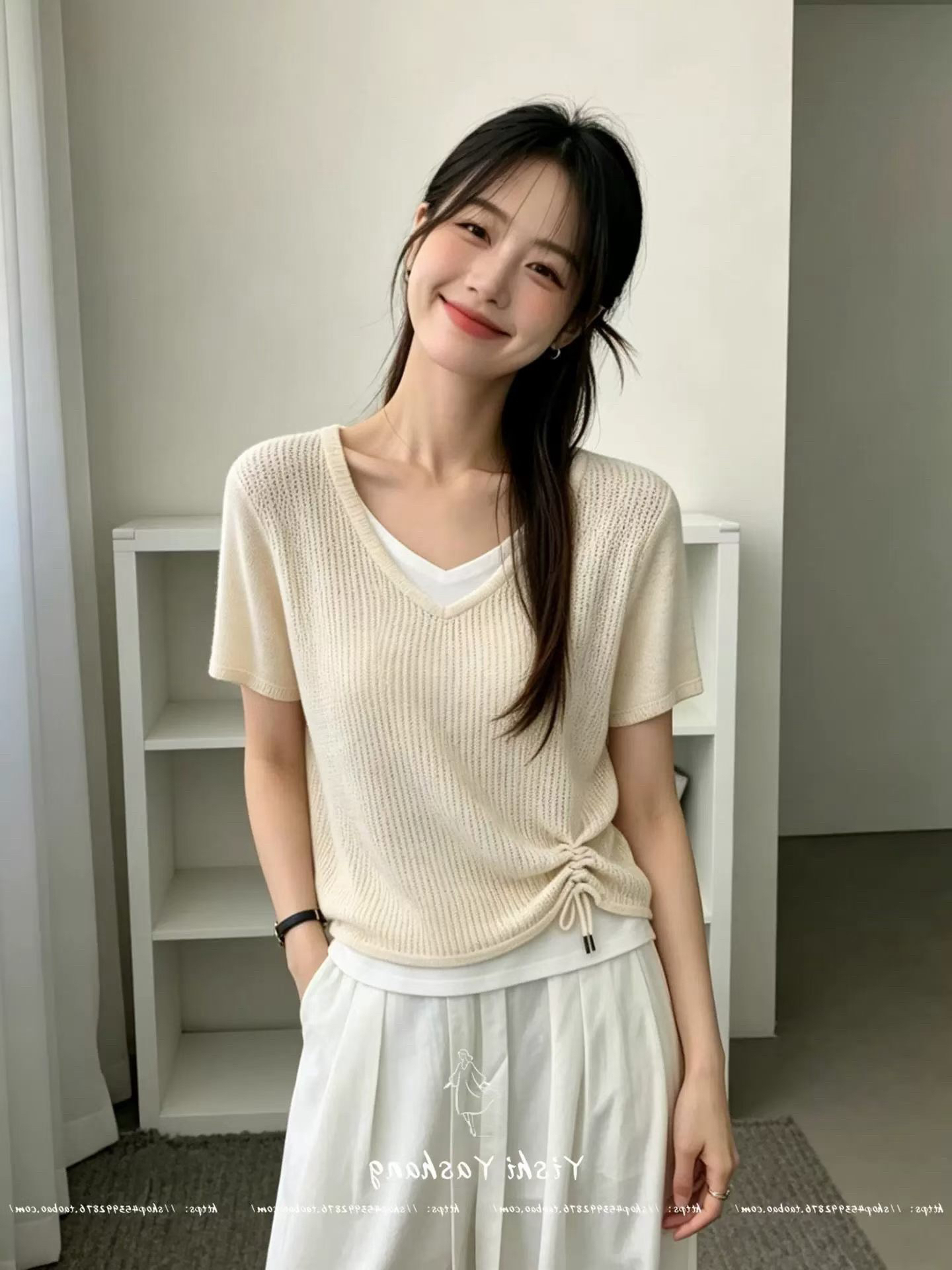 불규칙 V넥 펌프 로프 배색 페이크 레이어드 맨위 여성 여름 빅 사이즈 지방 mm 한국 스타일 연령 감소 얼음 실크 니트 스웨터