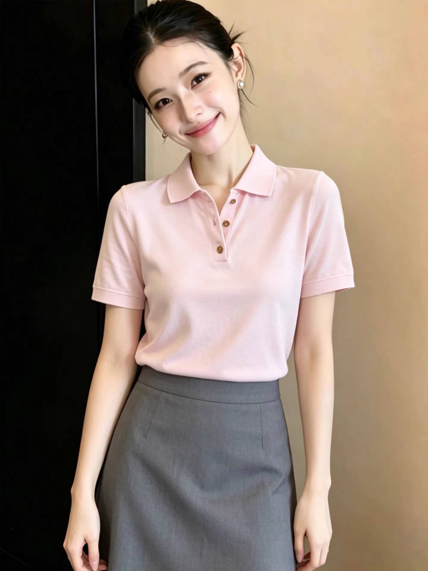 한 부서 POLO 칼라 얼음 실크 반팔 티셔츠 여성 2026 새로운 여름 폭발 허리 수축 슬림해 보이는 다용도 니트 맨위