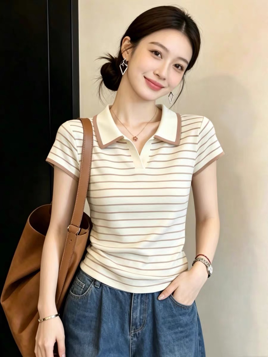 한국 스타일 미니멀리즘 스트라이프 POLO 칼라 반팔 티셔츠 여성 2026 여름 빅 사이즈 지방 mm 캐주얼 다용도 연령 감소 맨위
