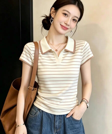 한국 스타일 미니멀리즘 스트라이프 POLO 칼라 반팔 티셔츠 여성 2026 여름 빅 사이즈 지방 mm 캐주얼 다용도 연령 감소 맨위