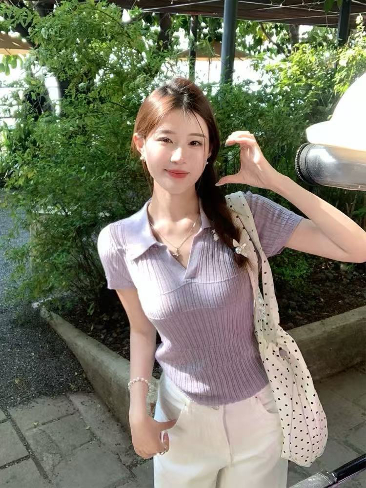 한 부서 polo 폴로 칼라 니트 반팔 티셔츠 여성 여름 얇은 스타일 몸매 가꾸기 슬림해 보이는 기본 셔츠 Chic 잘 생긴 맨위