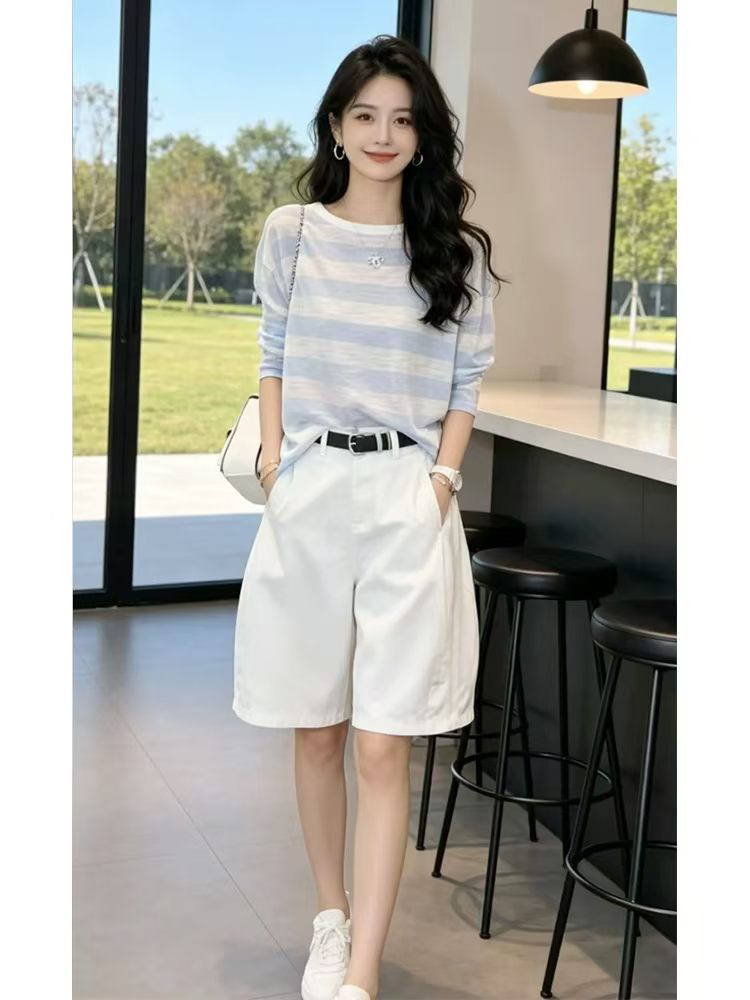 한 부서 자이언트 잘 생긴 ootd 착용 가져 가라. 전체 집합 2026 새로운 스트라이프 티셔츠 여성 의류 여름 반바지 투피스 슈트
