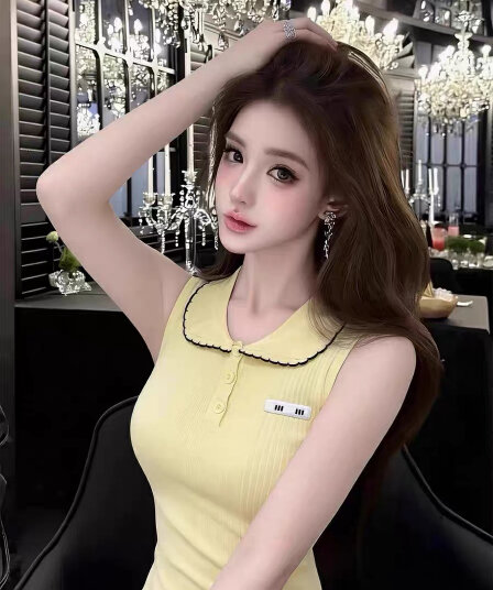 작은 샤넬 스타일 POLO 칼라 황색 니트 캐미솔 여름 순수한 욕망 민소매 튜브탑 맨위 고급 센스 아름다운