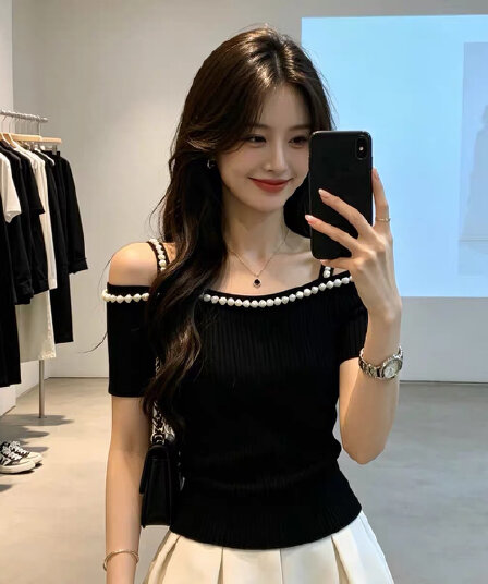 한 부서 순수한 욕망 바람 백리스 진주 측면 오프숄더 니트 스웨터 여성 여름 몸매 가꾸기 슬림해 보이는 다용도 외출용 맨위