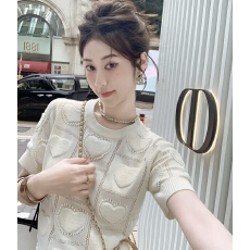 批发南油高定 春夏欧美女装<b class='q'>轻熟</b>优雅语录爱心图案透气针织衫