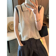 批发老钱风穿搭翻领冰丝针织<b class='q'>背心女</b>夏外穿遮副乳<b class='q'>工字</b>吊带V领无袖上衣