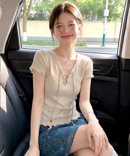순수한 욕망 바람 V넥 스트랩 니트 반팔 티셔츠 여성 여름 얇은 스타일 프릴 몸매 가꾸기 슬림해 보이는 핫걸 다용도 맨위