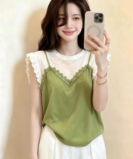 한 부서 chic Chic 녹색 페이크 레이어드 반팔 티셔츠 여성 여름 고유 한 아름다운 자이언트 잘 생긴 ~ 중 디자인 센스 맨위