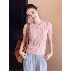批发韩系粉色绞花针织短袖t恤女夏季穿搭好看独特漂亮上衣