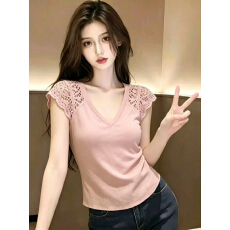 批发纯欲风设计感V领钩花镂空短袖t恤女2026夏季新款修身显瘦气质上衣
