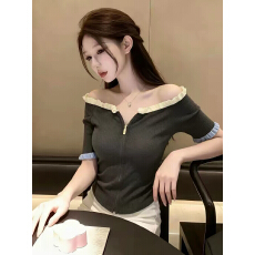 批发韩系撞色一字肩拉链木耳边针织衫女夏季新款短袖设计感减龄上衣潮