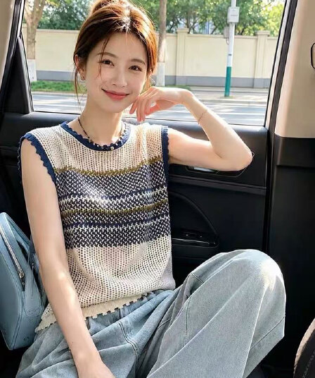 레트로 배색 스트라이프 라운드 넥 민소매 니트 조끼 여성 2026 여름 새로운 홀로우 아웃 슬림해 보이는 얇은 스타일 맨위 트렌디