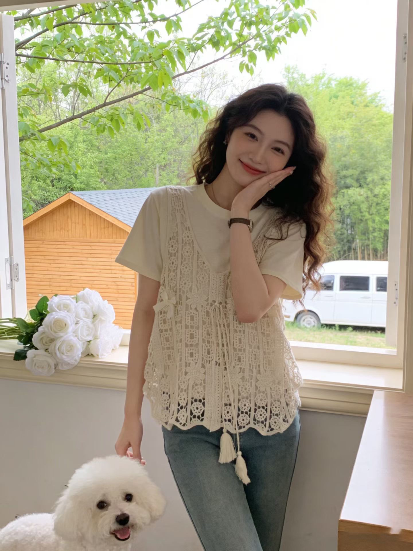 디자인 센스 페이크 레이어드 반팔 티셔츠 루즈핏 슬림해 보이는 홀로우 아웃 패치워크 루즈핏 다용도 맨위 패션 품격 작은 셔츠