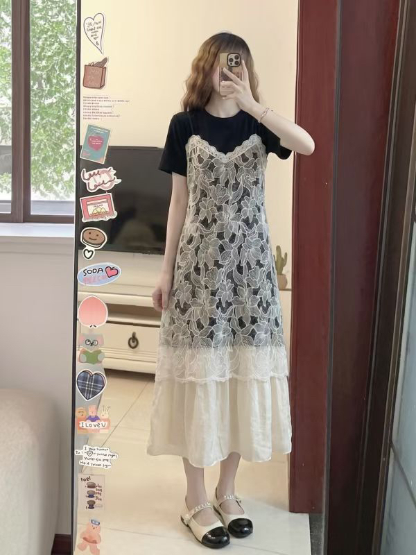 프랑스식 무거운 작업 레이스 자카드 패치워크 치마 아이들 여름 빅 사이즈 통통한 여동생 디자인 센스 품격 슬림해 보이는 드레스