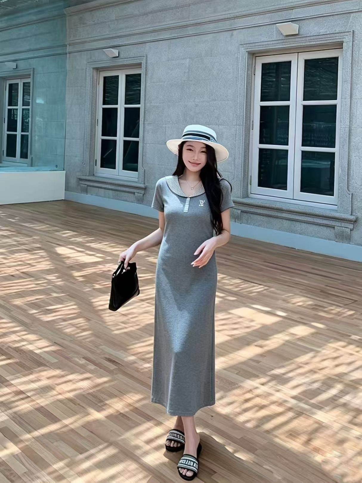 여름 새로운 작은 대중 디자인 센스 루즈핏 캐주얼 슬림해 보이는 표지 고기 중간 길이 polo 드레스 반팔 티셔츠 치마 여성