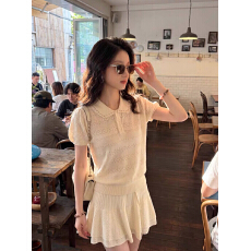 批发韩系温柔气质穿搭针织套装女夏季娃娃领短袖上衣蛋糕半身裙两件套