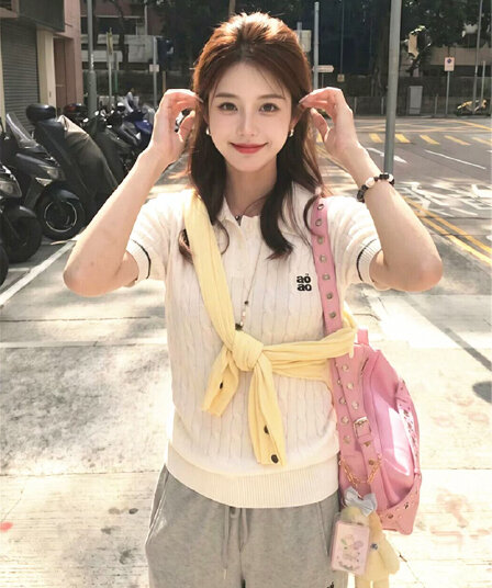 한 부서 꽈배기 학원 스타일 POLO 칼라 니트 스웨터 반팔 티셔츠 여성 여름 착용 가져 가라. 몸매 가꾸기 그레이트 봐. 의류 얇은