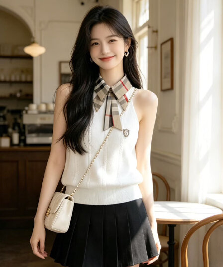 한 부서 핫걸 바람 패션 디자인 센스 체크무늬 폴로 칼라 행침 목 니트 조끼 몸매 가꾸기 민소매 출퇴근 맨위 여름