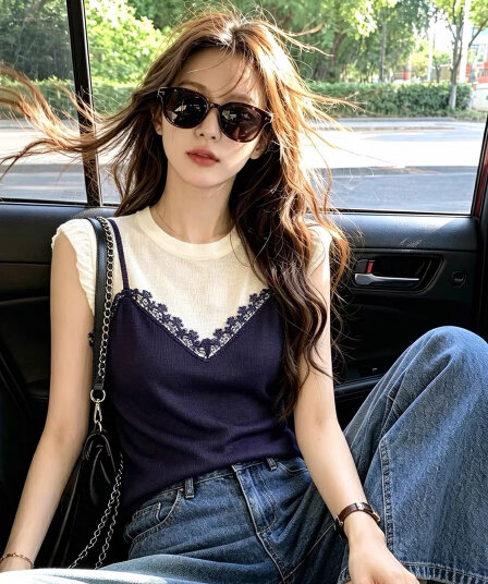 한국 스타일 빛 럭셔리 대나무 마디 마 페이크 레이어드 레이스 슬립 반팔 새로운 녹색 캐주얼 니트 티셔츠 맨위 여성 의류