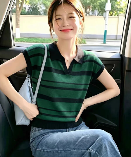 광저우 열세 개 높음 물품 폭발 한 부서 레트로 스트라이프 POLO 칼라 반팔 니트 스웨터 출퇴근 맨위 여성 여름