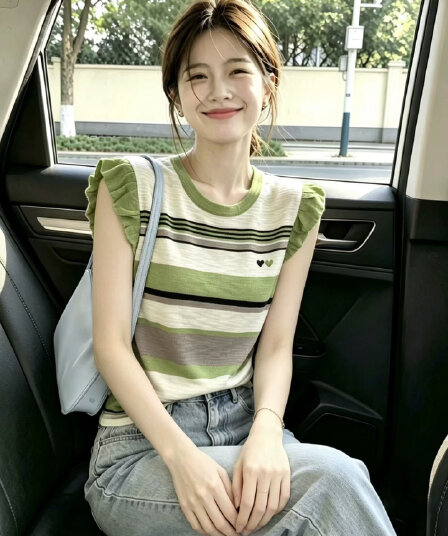 스트라이프 배색 작은 날다 소매 짠 셔츠 여성 26 여름 새로운 라운드 넥 하트 자수 다용도 맨위