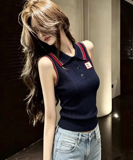 2026 여름 새로운 배색 폴로 칼라 민소매 니트 조끼 여성 질감 센스 작은 셔츠 디자인 센스 맨위 26192