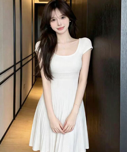 하얀 백조 프랑스식 u 칼라 높음 폭탄 허리 수축 자카드 디자인 센스 한 마디 니트 여성 드레스 작은 키 품격