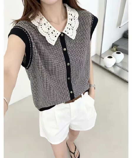 한 부서 미니멀리즘 바람 레이스 폴로 칼라 민소매 니트 오픈 가디건 여성 유럽 상품 여름 새로운 루즈핏 슬림해 보이는 다용도 맨위