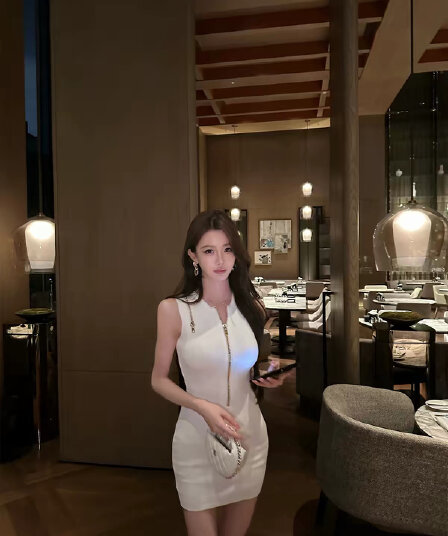 시드니 shirley 순수한 흰색 도자기 뼈 미니멀리즘 다용도 몸매 가꾸기 민소매 디자인 센스 니트 타이트 스커트 드레스