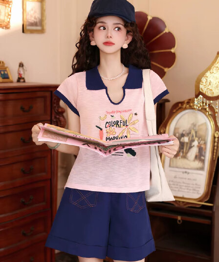 첸 좋은 청소 프루티 버블 문예 바람 배색 POLO 칼라 반팔 티셔츠 여성 루즈핏 연령 감소 캐주얼 맨위