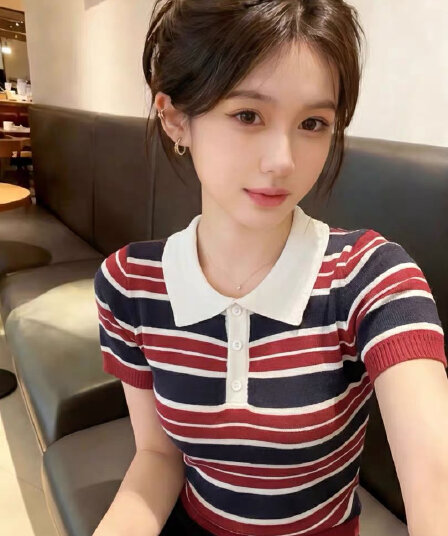 아메리칸 레트로 긍정적 인 어깨 배색 스트라이프 POLO 칼라 반팔 티셔츠 여성 여름 몸매 가꾸기 슬림해 보이는 얼음 실크 니트 맨위