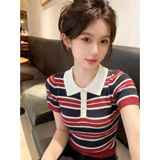 美式复古正肩撞色条纹polo领短袖t恤女夏季修身显瘦冰丝针织上衣