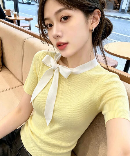 올해 인기 폭발 라운드 넥 나비 매듭 리본 반팔 니트 스웨터 여성 여름 새로운 몸매 가꾸기 슬림해 보이는 맨위 트렌디